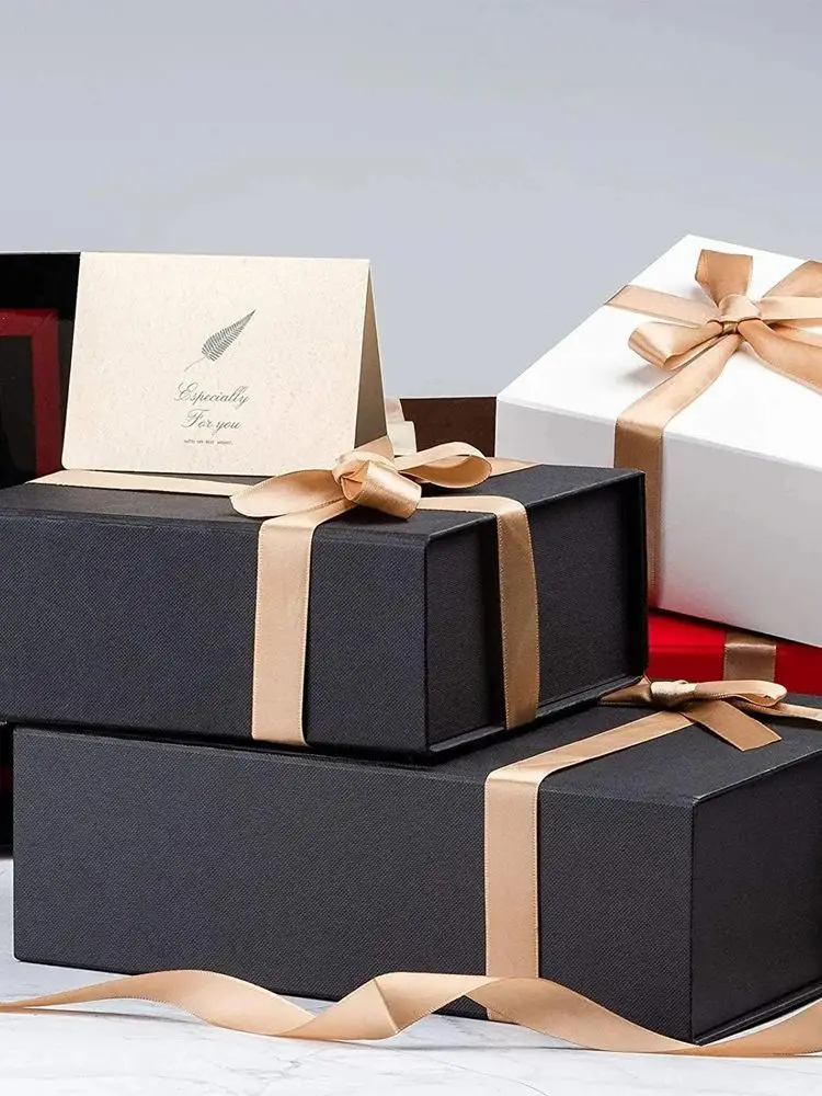 1pcs  Pink /black Ribbon Gift Box with Lid for Present, Magnetic Closure Rectangle Collapsible Gift Box, Jewelry Gift