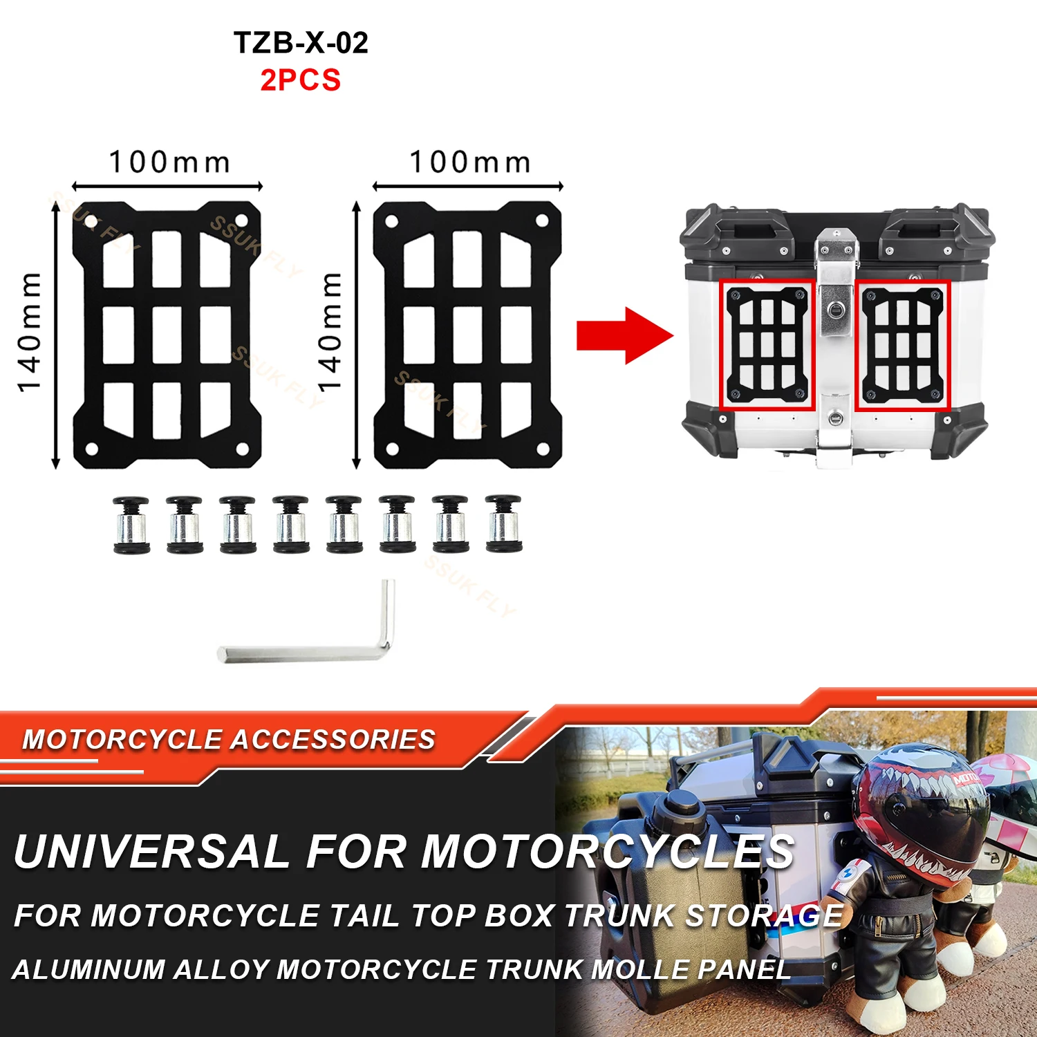 

Universal Motorcycle Top Case Molle Panel Trunk Storage Stainless Steel Waterproof Tactical Side Box Organizer Modular Storage