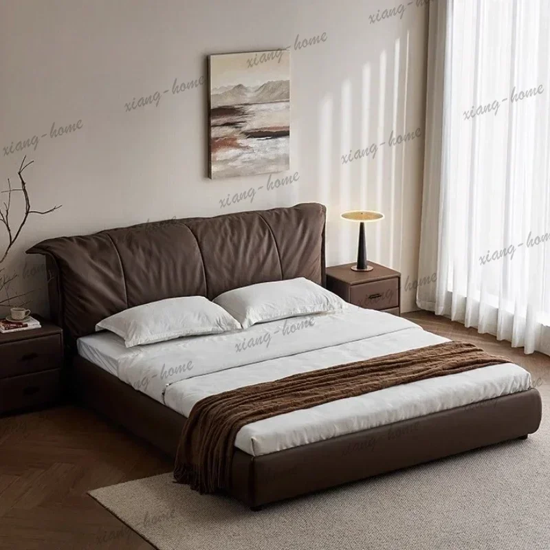 FG 180x200cm Beds Light Luxury First Layer Cowhide Leather Soft Bag Double Bed Queen Bed Frames Marriage Bedroom Furniture 2 Peo