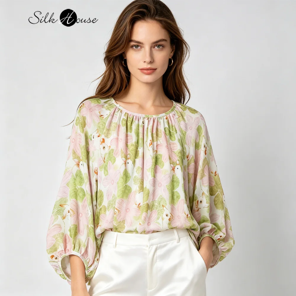 Women's Casual Summer New Ink Print Skin Friendly Cool 100% Natural Mulberry Silk Double Crepe Round Neck Lantern Sleeve T-shirt