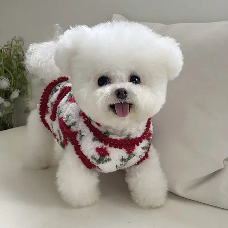 

Red Coat WarmTeddy Rose Floral Vest Pet Thickened Clothes Bichon Frise Winter Warmth Jacket Puppy Pretty Floral Garment XS-XL