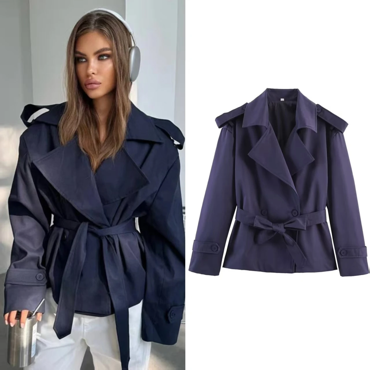 Women's Coat 2026 Autumn New Style Solid Color Long Sleeve Belted Short Trench Coat European and American Personalized Fashion