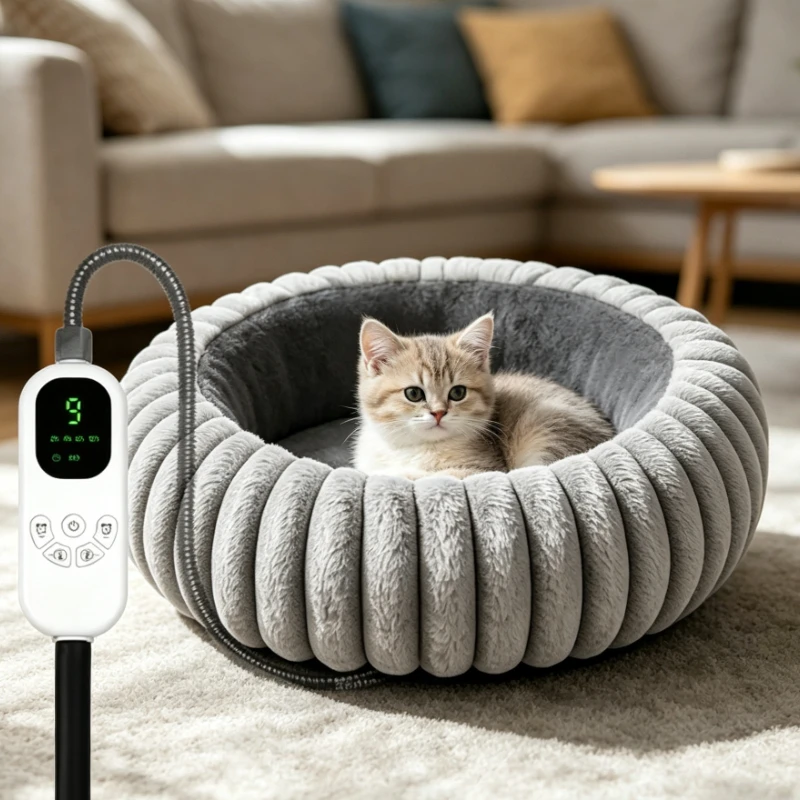 Winter Warm Cat Bed Heating Dog Nest Soft Plush Round Pet Bed Intelligent Timer Temperature Control Cozy Sleep Mats Pet Supplies