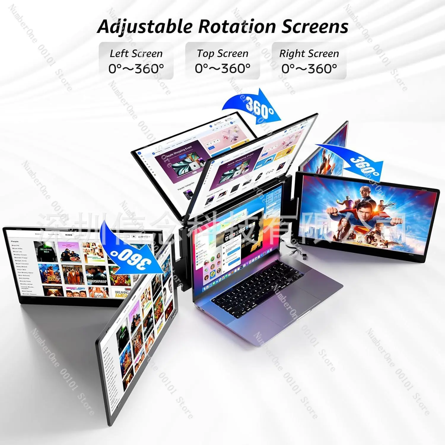 Portable Three-Screen Monitor Suitable for Financial Analysis, Video Editing, AI Presentation, and More - Multiple Specification