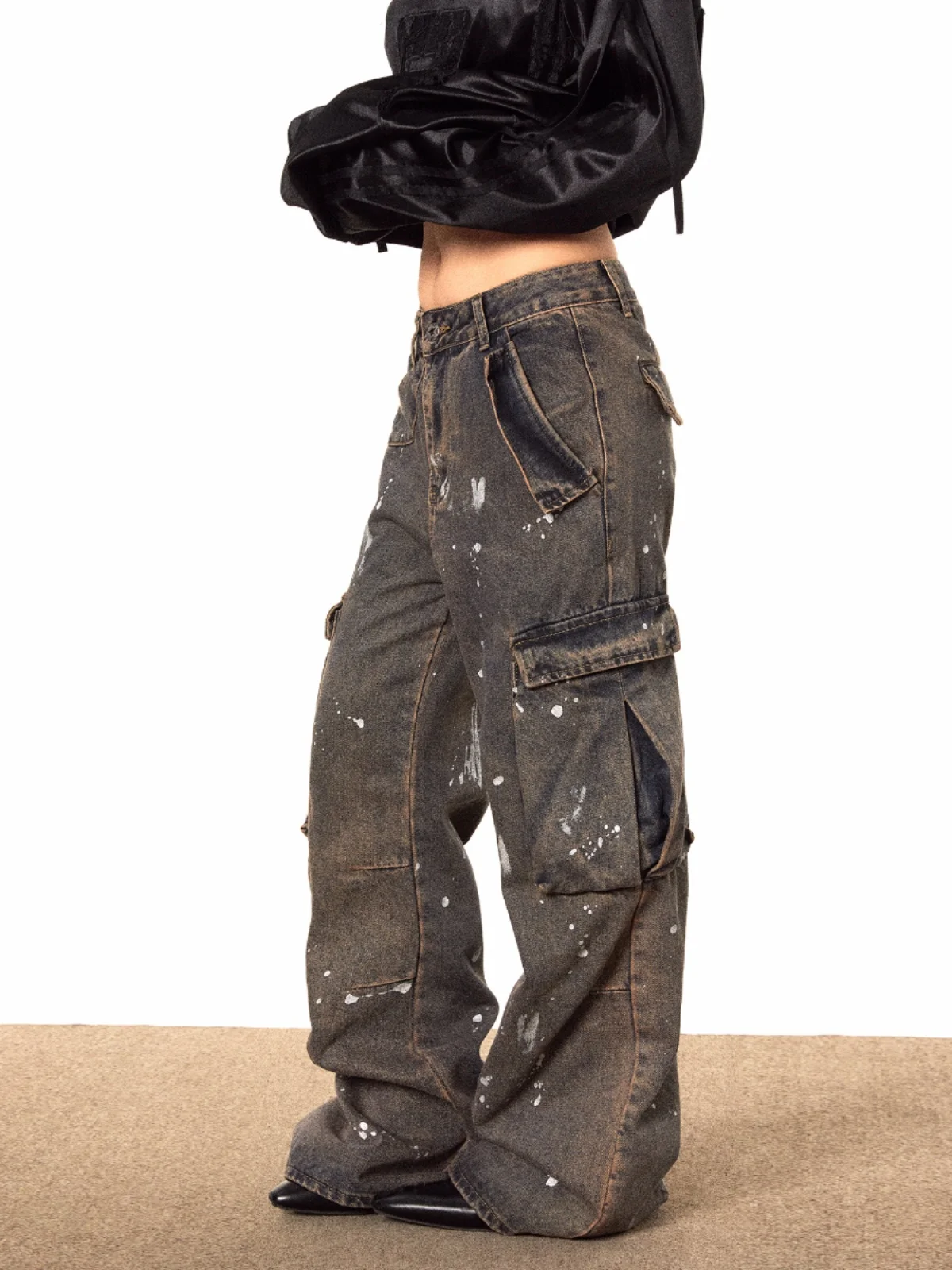 Retro Splashed Paint Workwear Style Jeans Multiple Pockets Loose Wide Leg Long Pants for Women Autumn New Arrival Versatile