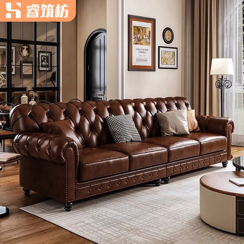 Oil wax leather sofa three or four people medium ancient brown sofa living room straight row villa sofa