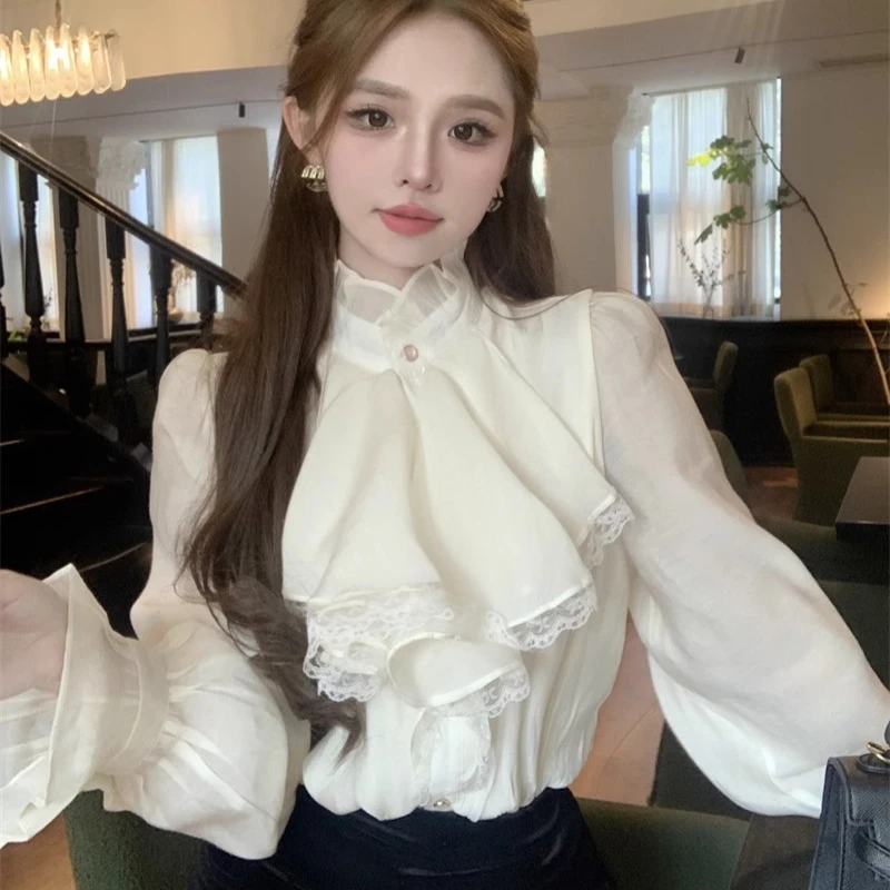 

French Commuter Ruffled Shirt AutumnWinter New Stand Collar Lace Stitching Shirts Vintage Elegant Flared Sleeve Inner Tops Women