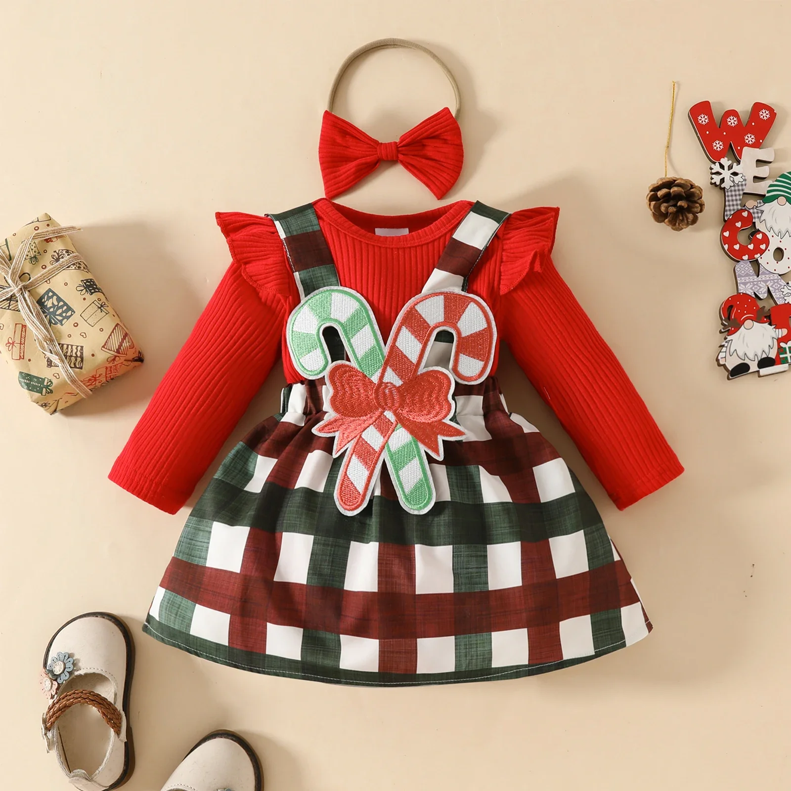 Baby Girl Christmas Outfit Ruffle Long Sleeve Ribbed Romper Candy Cane Patch Suspender Skirt Bow Headband