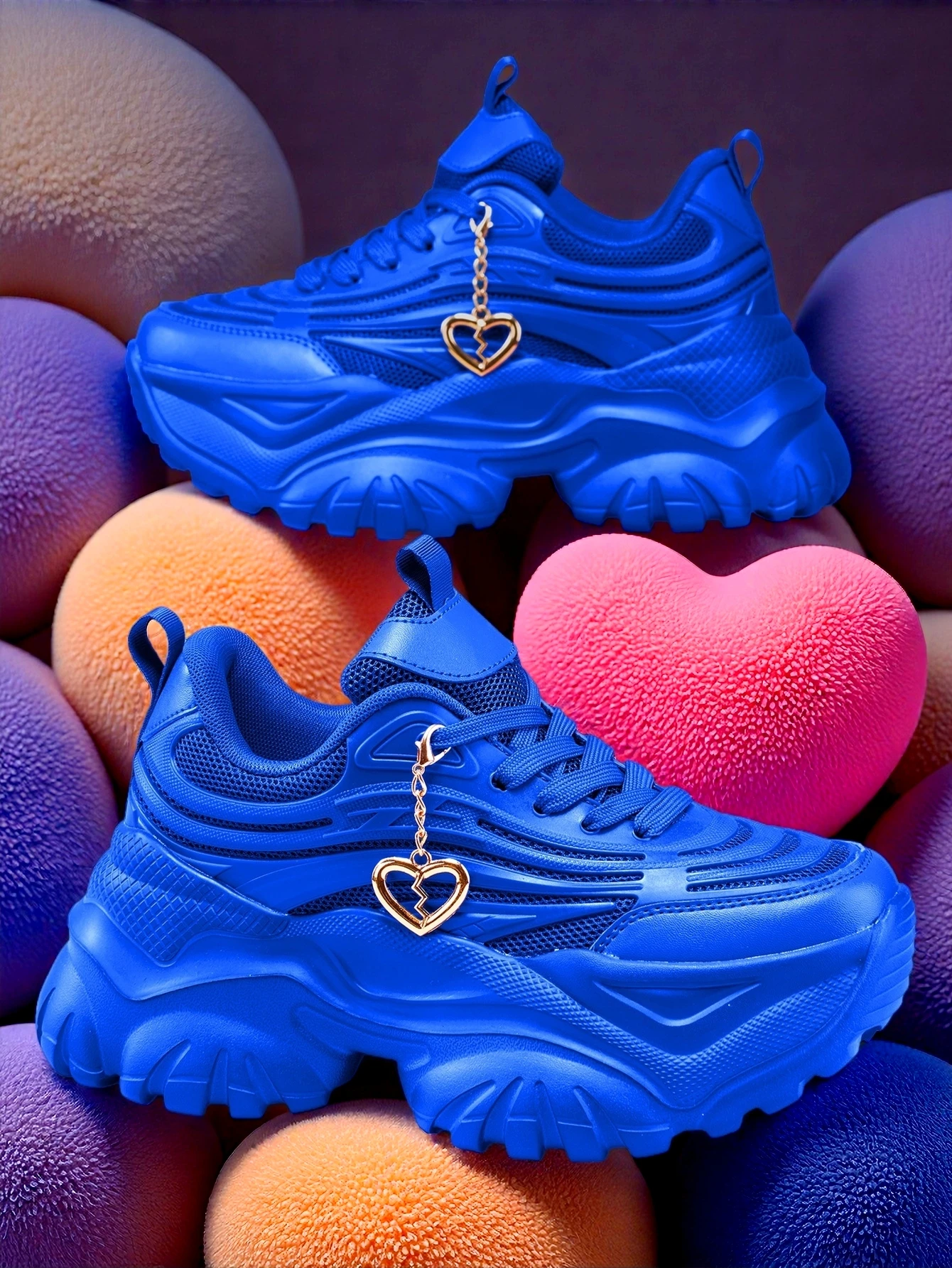 Women's EVA lightweight thick-soled vulcanized shoes, outdoor all-season style, 7CM height increase, blue sneakers, Y2K sweet and cool style, with detachable gold heart decoration