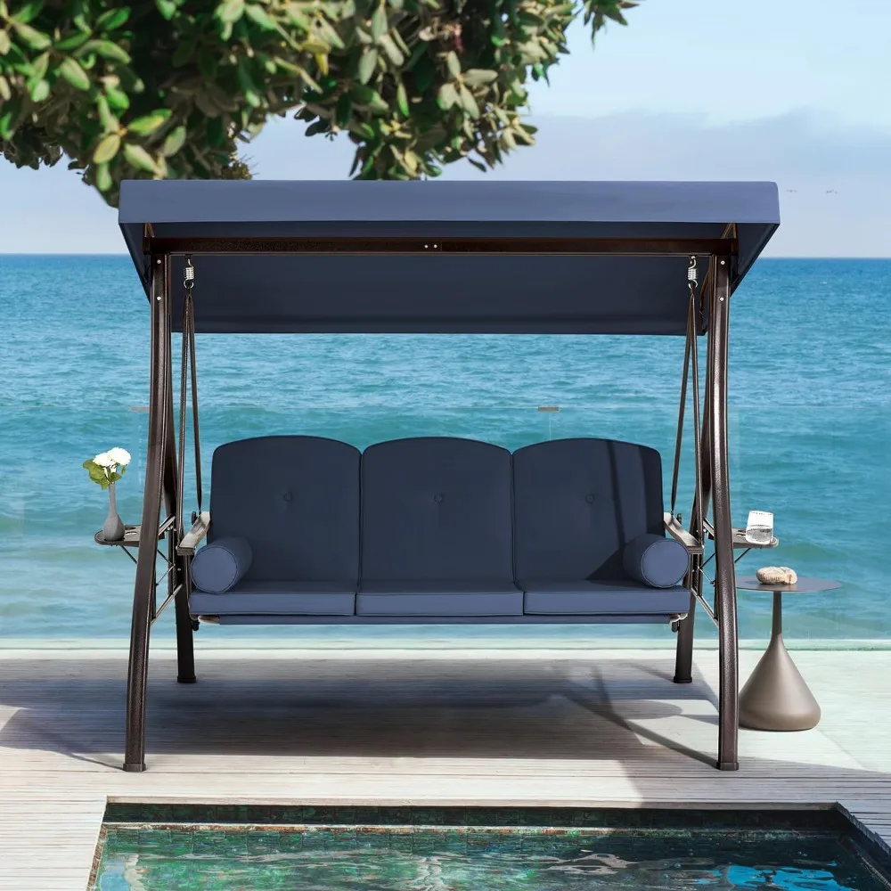 

3 Person Outdoor Porch Swing with 1.5" Deep Cup Holder, Adjustable Canopy, Backrest, Patio Swing Bed with Weather Resistant Ste