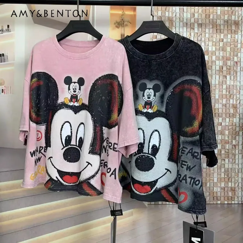 

Summer New Tees Heavy Industry Washing Water Cartoon Loose Short-sleeved T-shirts Oversized Top Women's Kawaii Tshirts Clothes