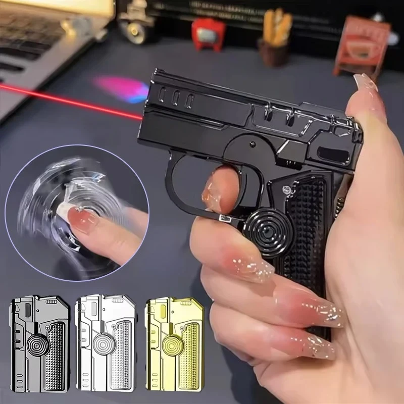 

Metal Folding Gun Style Inflatable Lighter Windproof Butane Gass Jet Red Flame Gyroscope Lighter with Laser for Men's Small Tool