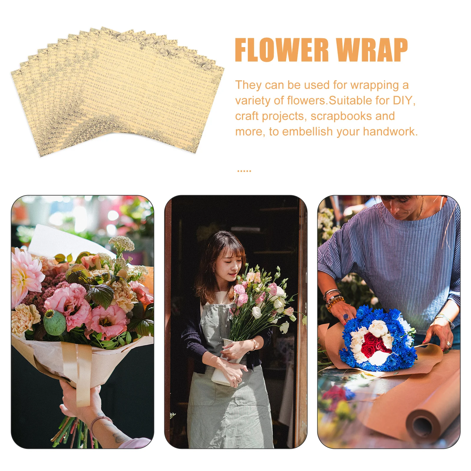 

20 Sheets Bouquet Paper Wrap Musical Note Wrapping Paper Vintage Flower Bouquet Black Notes Gift Wrap DIY Christmas