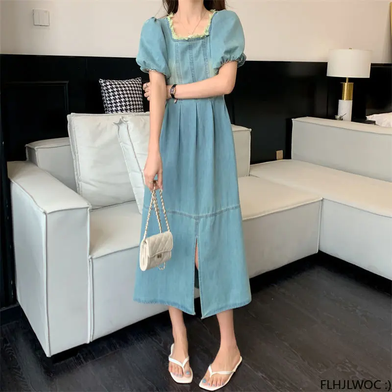 Robe en jean à col carré pour femme, robe longue bleue, jean en coton, style rétro, vintage, pompon, doux, décontracté, doux, coréen, chic, filles