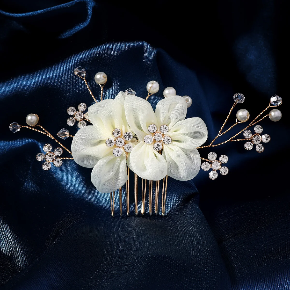 

New Handmade Silk Flowers Beaded Hair Comb Pearl Rhinestone Hair Clips for Women Banquet Party Fashion Exquisite Headdress