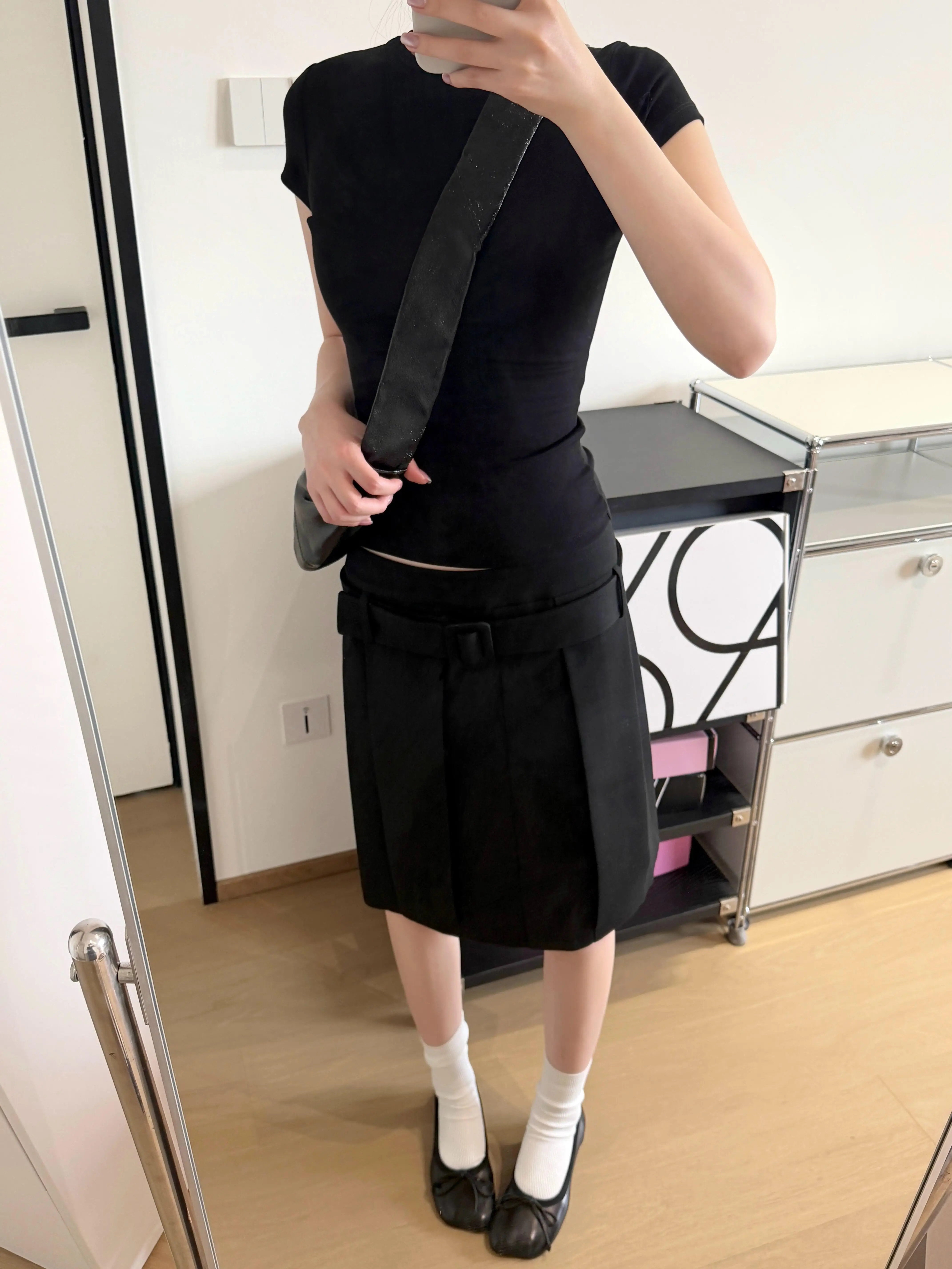 Retro American 3D Pleated Midi Waist Belted Skirt Women's Spring Summer Black Woolen  Midi Skirt Casual City Commute