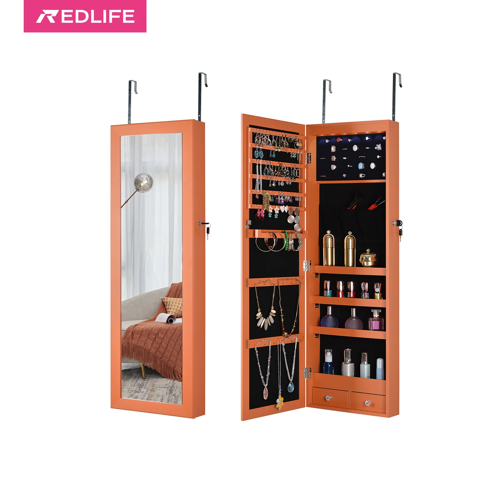 Redlife Fashion Jewelry Storage Mirror Cabinet Storage Locker Jewelry Organizer w/ LED Lights & Secure Key Lock Hang on the Wall