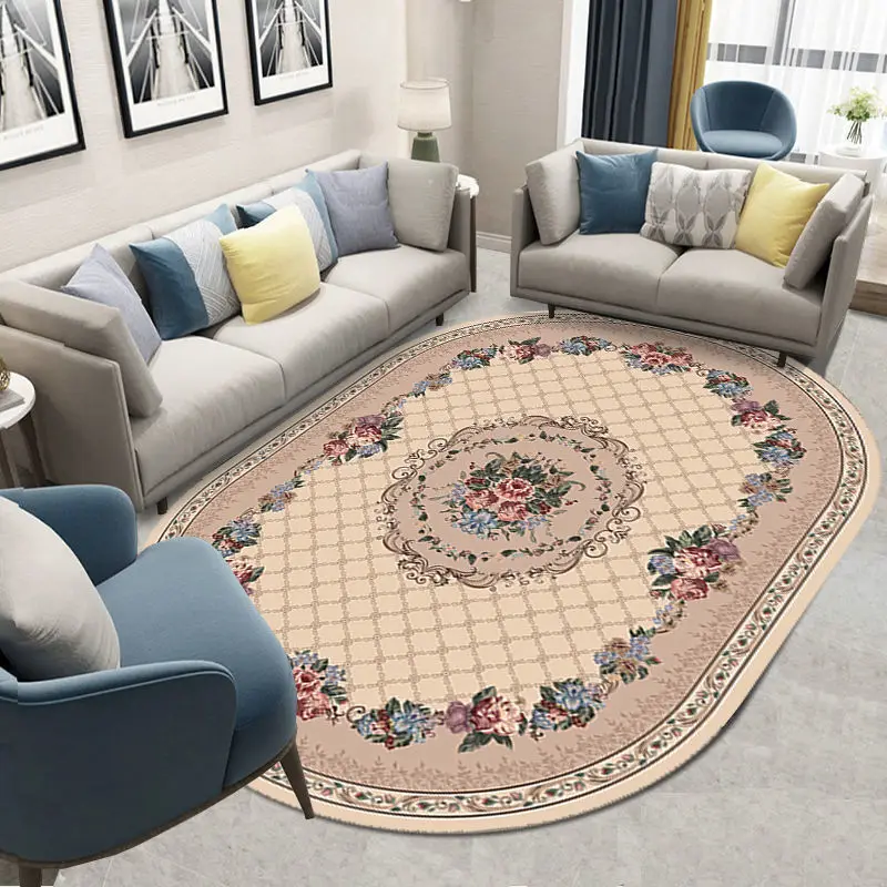 European Pastoral Style Oval Carpet Living Room Decoration Home Area Rugs for Bedroom Room Decor Floor Mats Non-slip Washable