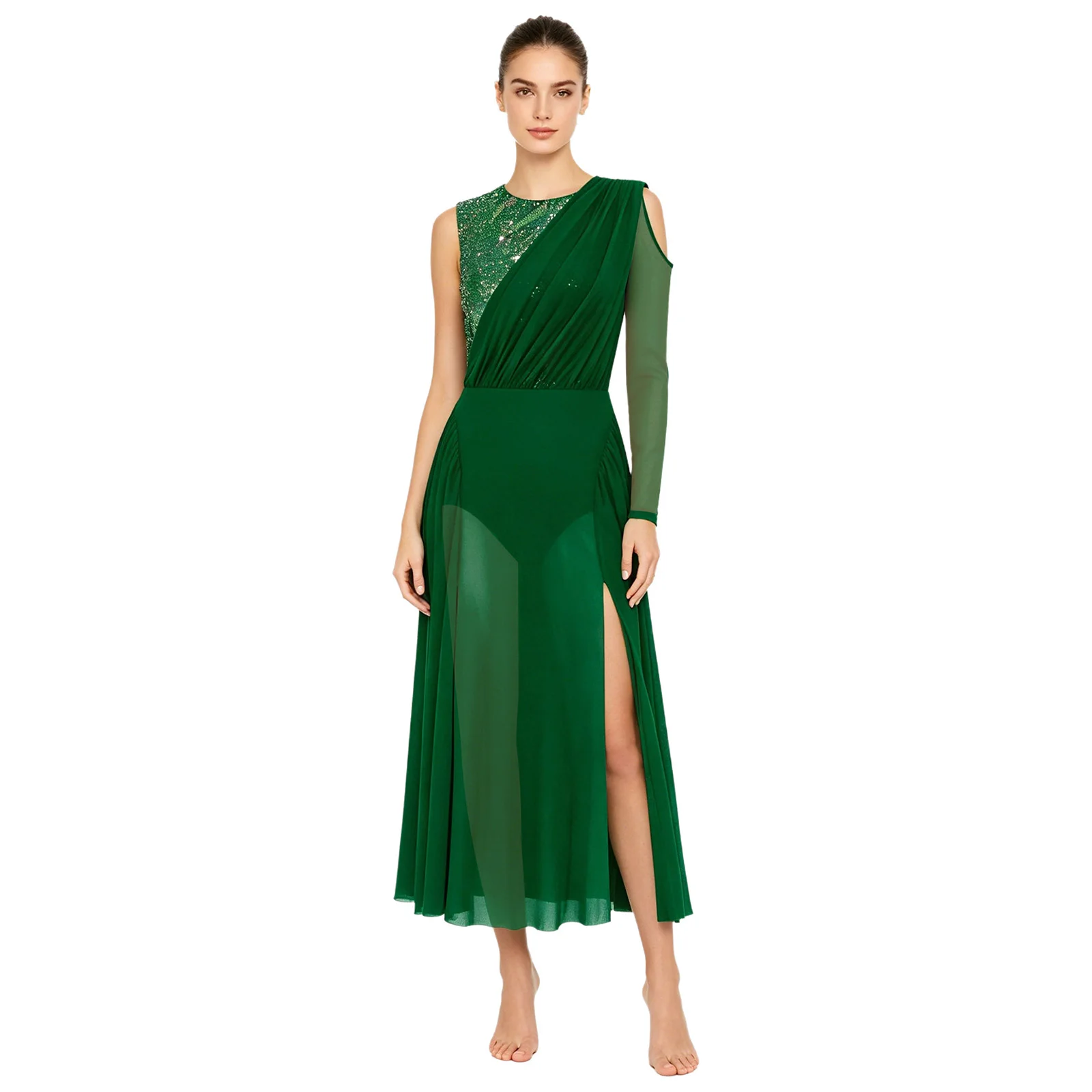 

Women Sequined Lyrical Dance Dress Cold Shoulder Asymmetrical Long Sleeve Split for Gymnastics Performance Competition Practice