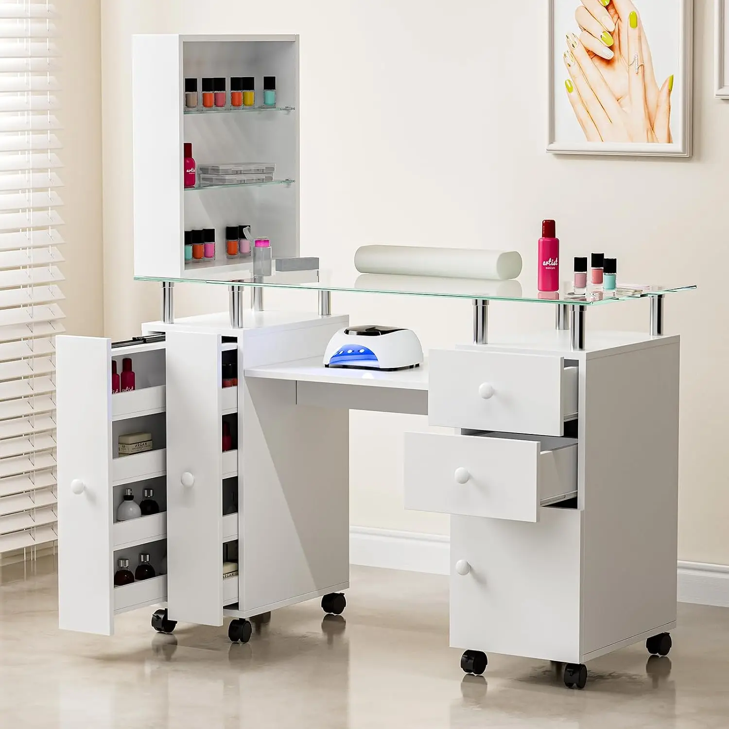 Paddie Manicure Table Nail Desk for Technician, Acetone Resistant Nail Tech Table Nail Table Station w/Glass Desktop, Wrist Cush