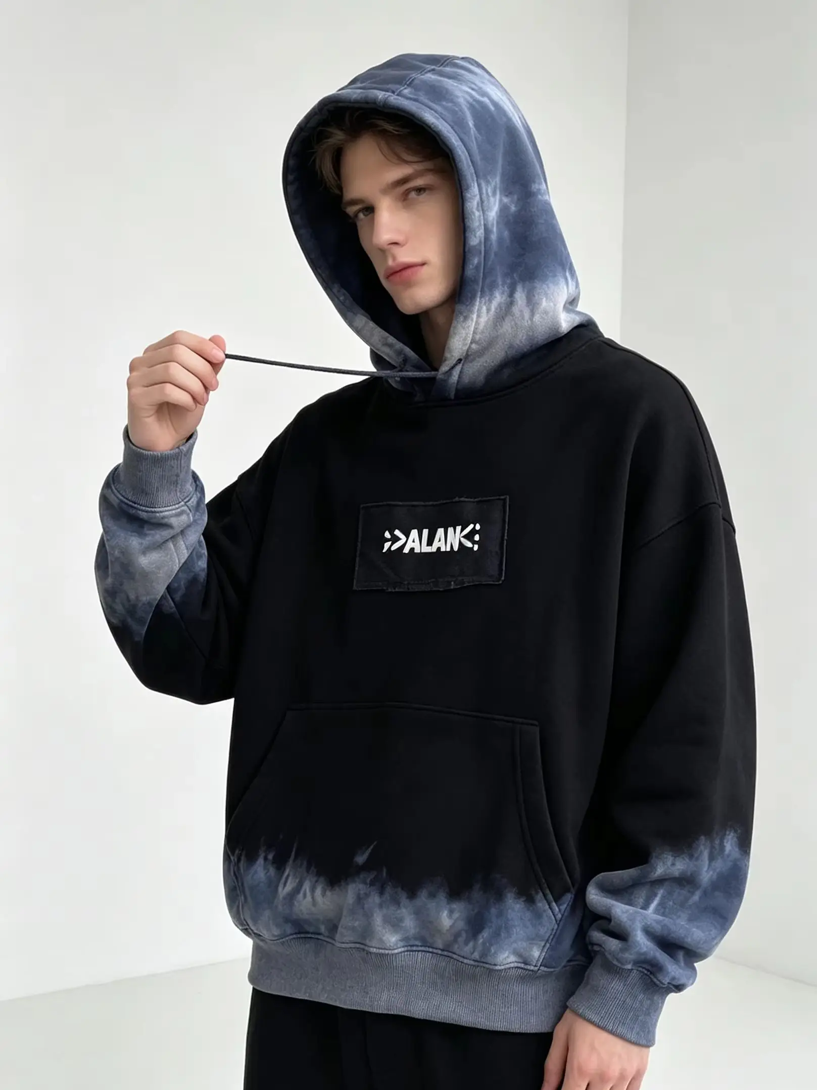 Vintage Cloud Tie Dye Hooded Sweatshirt Blue Ombre Wash Denim Frayed Patch PSALM23 Graphic Loose Fit Y2K Street Hoodie