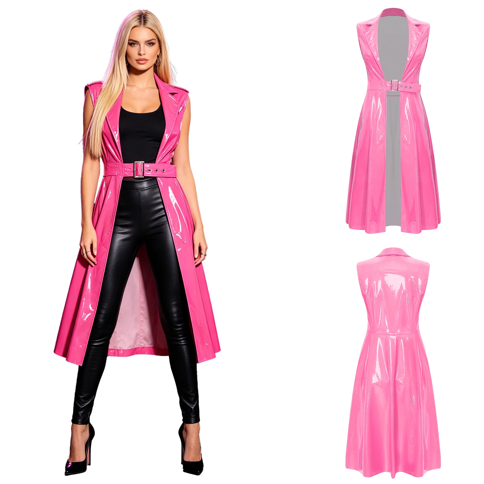 Womens Glossy Outerwear Jackets with Buckle Belt Long Trench Coat Open Front Long Blazer PU Leather Overcoat Streetwear Clubwear
