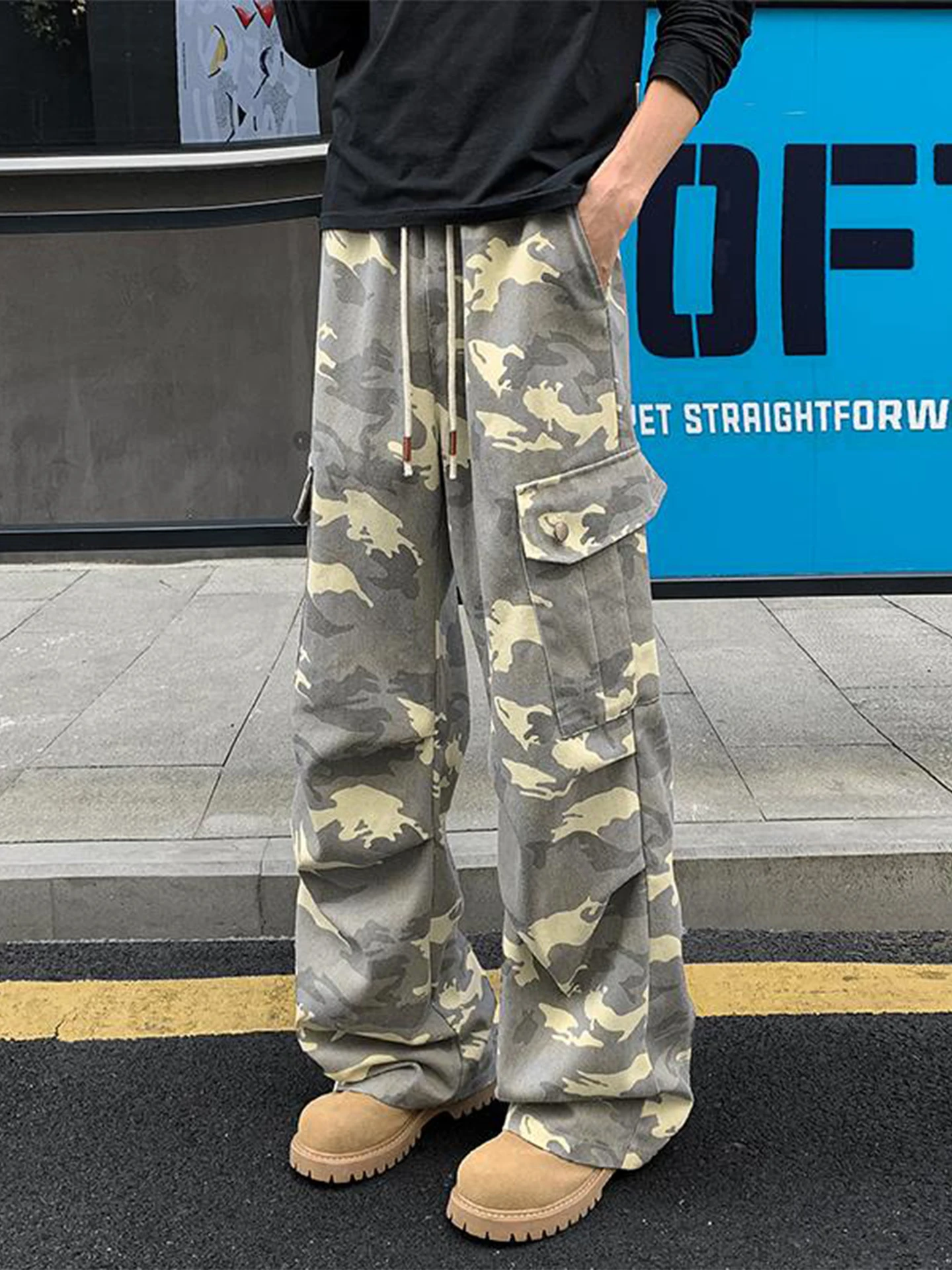 

American Style Vintage Camouflage Work Pants Men's Autumn Washed Heavy Duty Large Size Pants Wrinkle Straight Loose Wide Leg ...