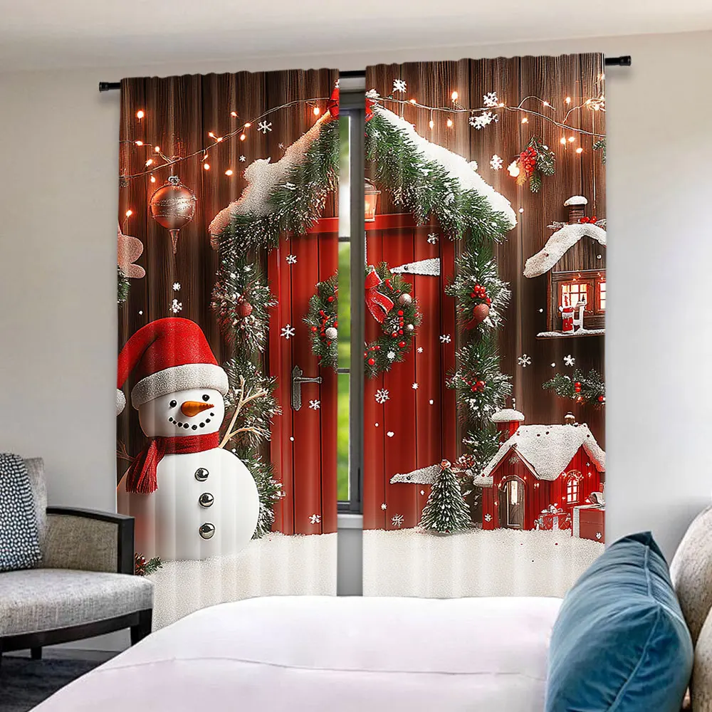 2Pcs Christmas Country Vintage Curtain Wooden Barn Door Farmhouse Decor Suitable For Living Room Bedroom Kitchen And Bathroom