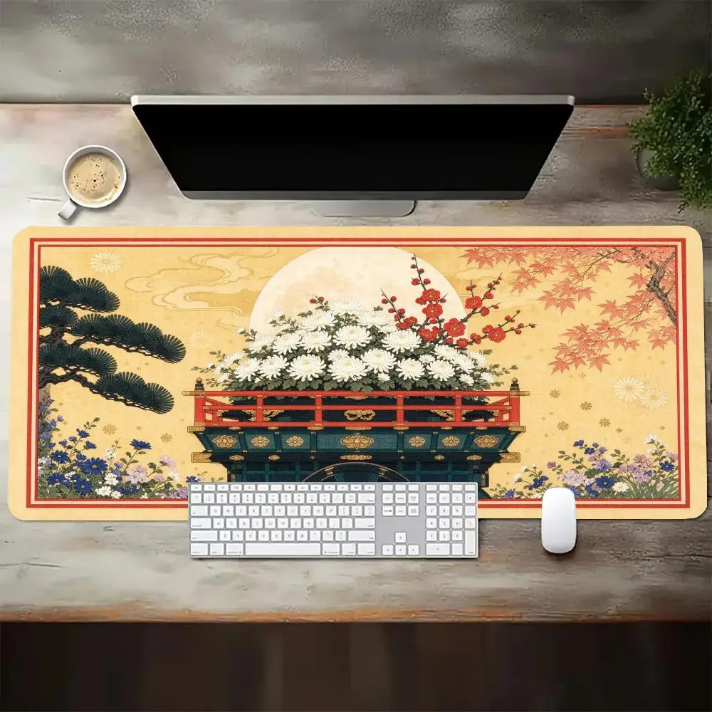 Non Slip Rubber Base Japanese Red Plum Pine Fan Mouse Pad Large Size Smooth Cloth Surface Desk Mat For Home Office Decor