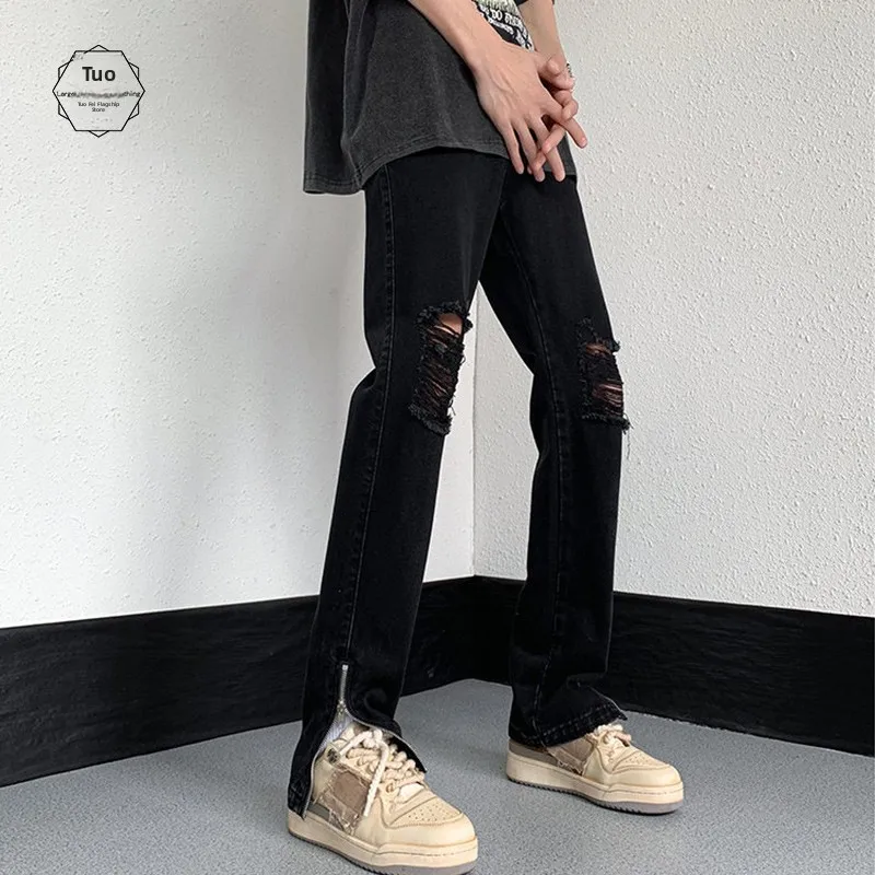 

Мужские джинсы Slim Fit из денима, летние, в уличном стиле, с молниями, с эффектом потертости, прямые, слегка расклешенные, повседневные, из смесового хлопка