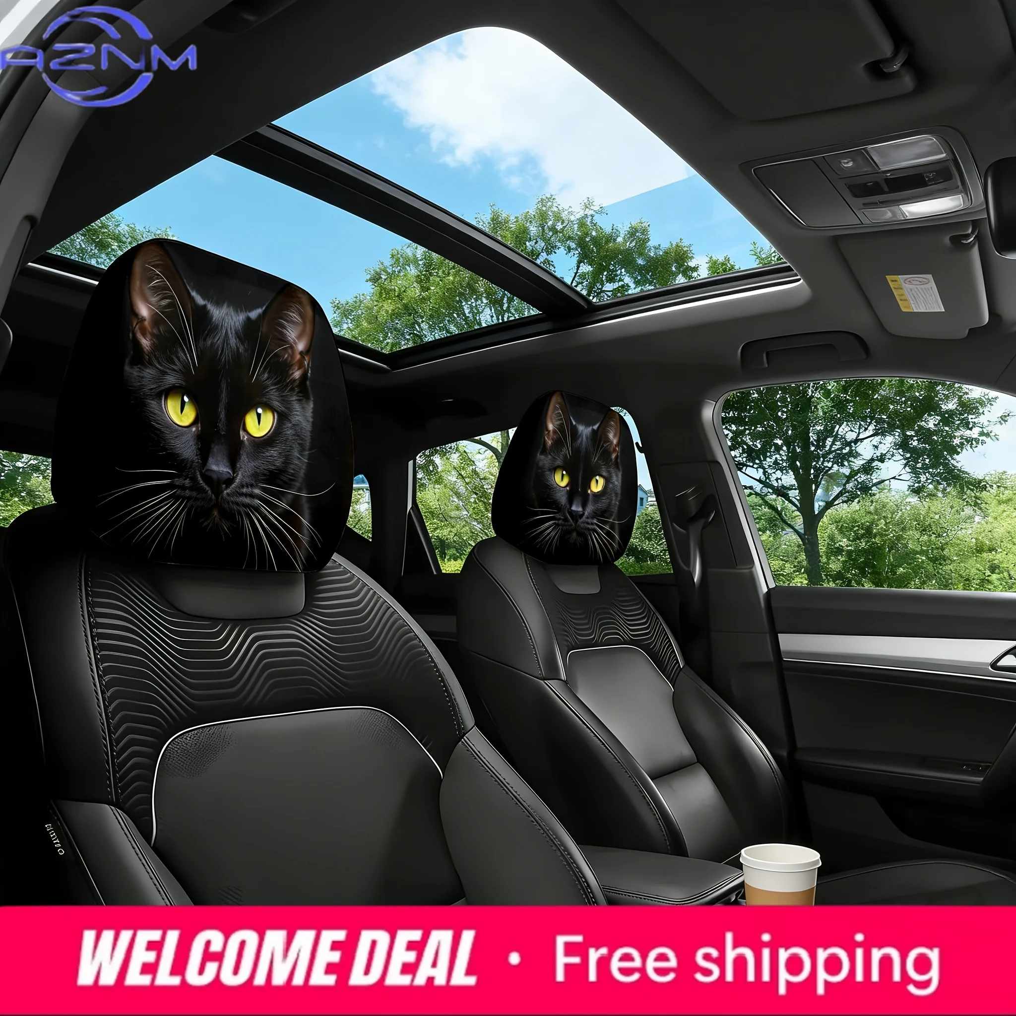 

Universal Black Cat Mysterious Light Printed Car Headrest Cover 2Pcs Cool Auto Seat Headrest Protector Easy Clean Fashion Car