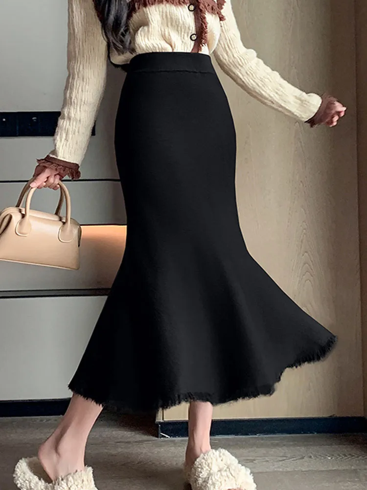 

Autumn Temperament Elegant Slim White High Waist Knitted Mermaid Skirts For Women Office Lady Ruffles Wrap Hip Sexy Skirts