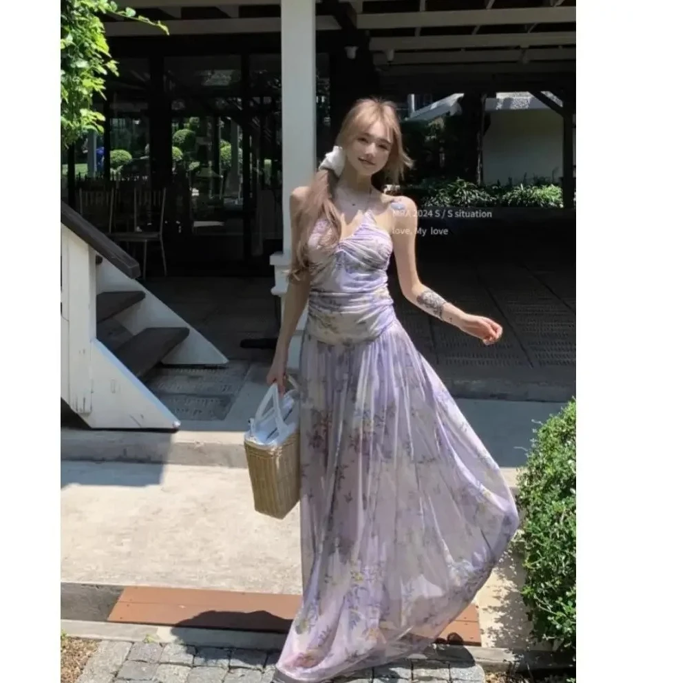 Women's French Vintage Floral Print Halter Neck Strap Dress Backless Elegant Waist Cinching Long Summer Dress Beach Holiday yle