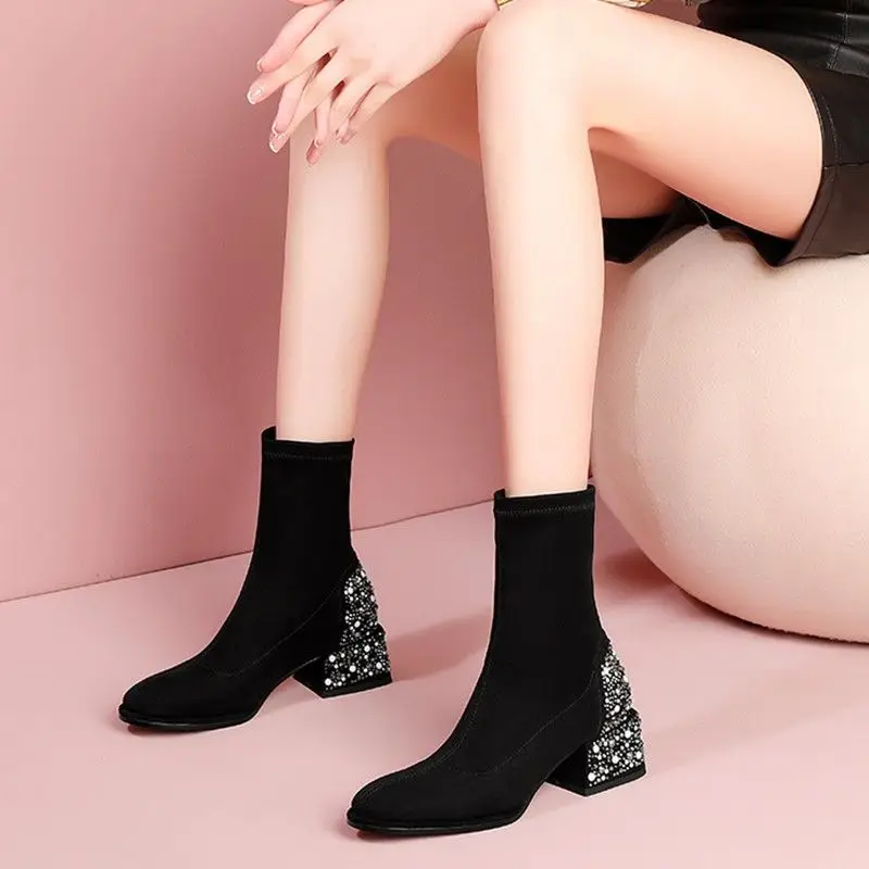 Ankle Boots for Women Suede Black Woman Short Shoes Rhinestone Elegant with Medium Heels Booties Sale Goth Comfortable Y2k Boot