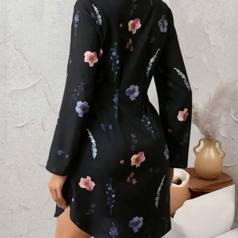 Fashionable and elegant ladies printed lapel button-down shirt dress, simple temperament, all-match commuter loose long skirt