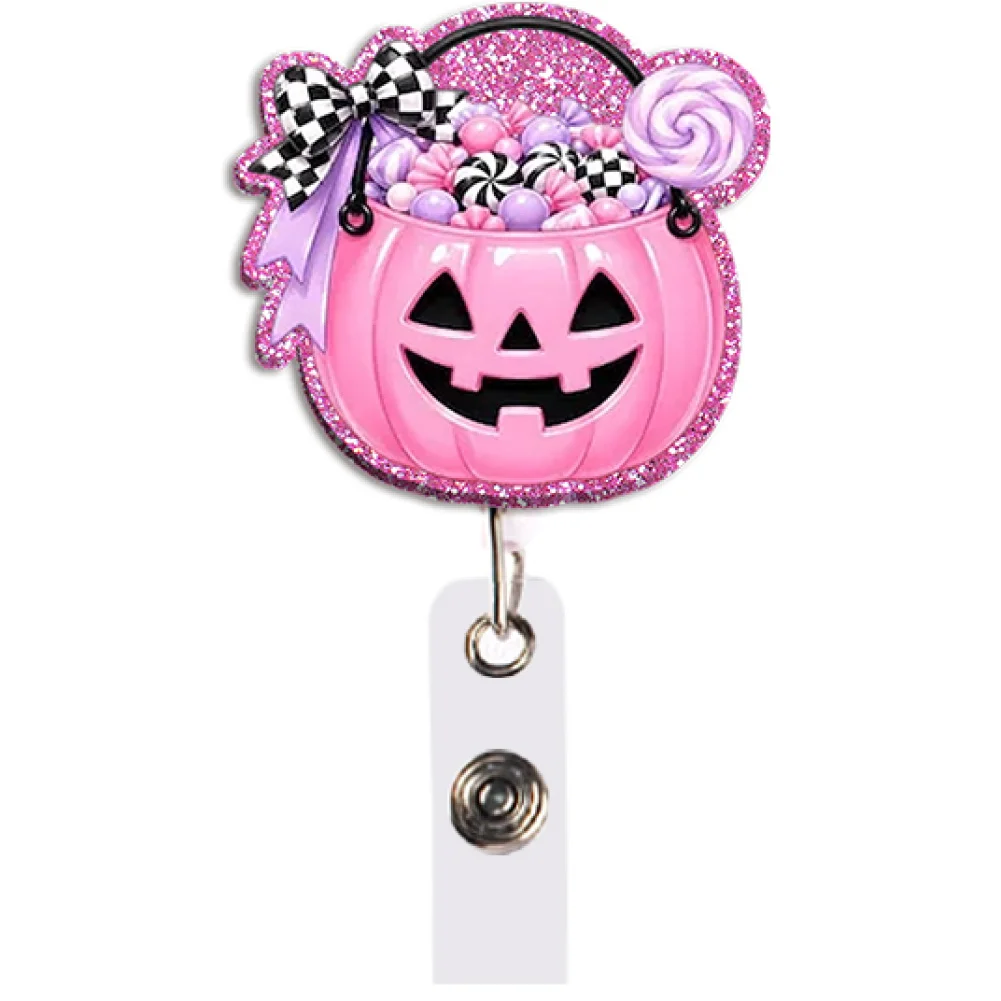 Halloween Ghost Pumpkin Color Glitter Acrylic Reel Badge Clip for Lab Researcher Work ID Card Holder Medical Supply Accessory