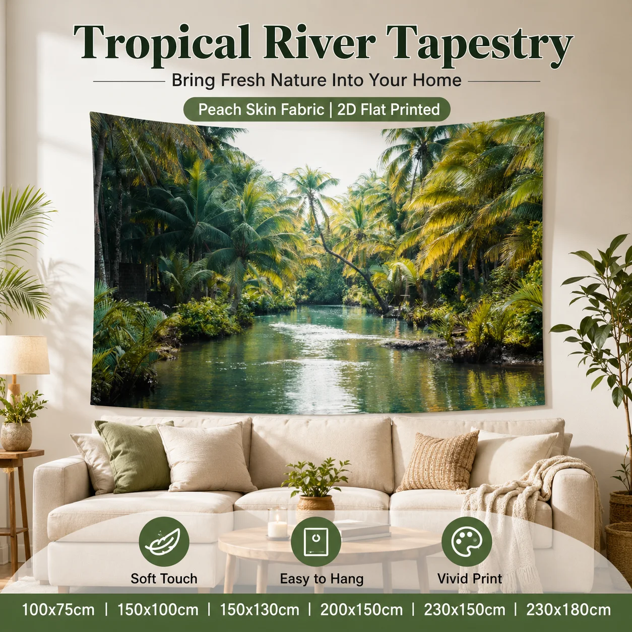 Tropical Jungle River Tapestry 2D Flat Printed Peach Skin Wall Hanging Palm Tree Nature Landscape for Living Room Bedroom Decor