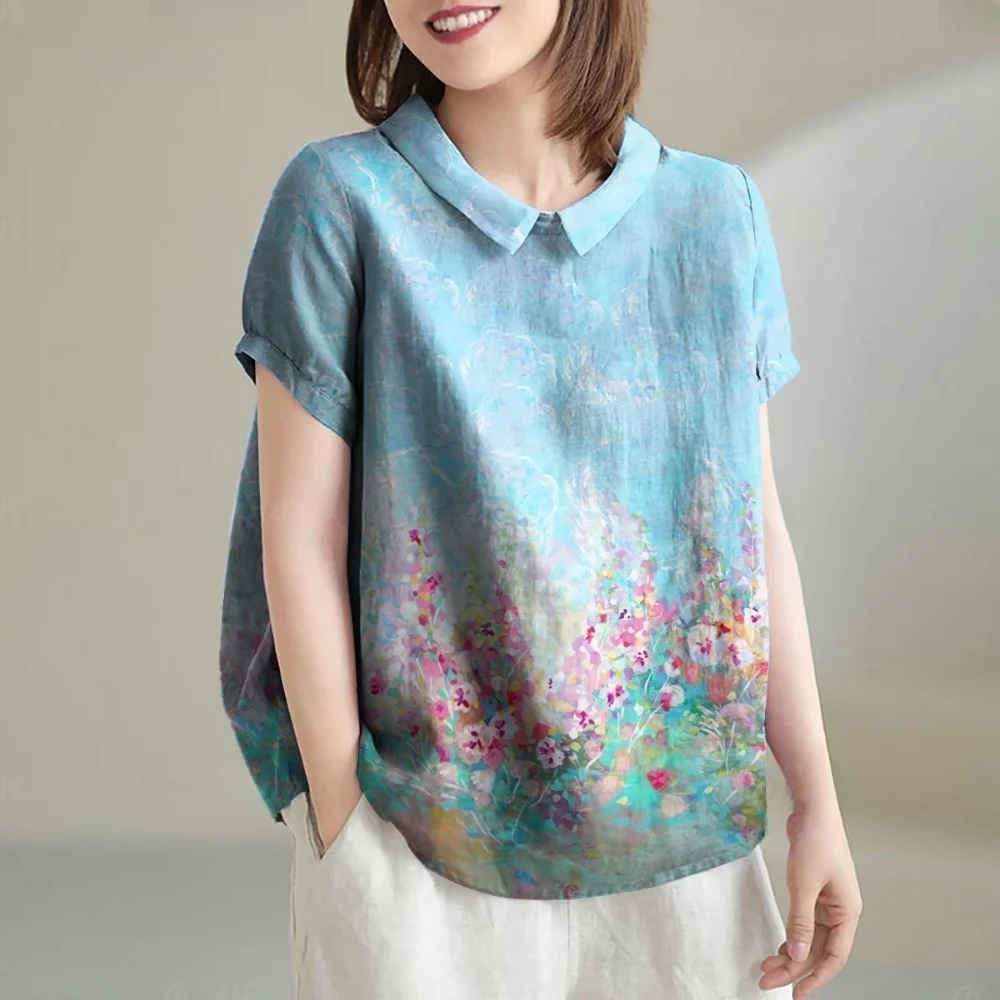 

Retro Floral Pattern Elegant Blouses for Women Tee Summer Hawaii Casual Short Sleeve Blouse Tops Fashion Comfort Female Clothing