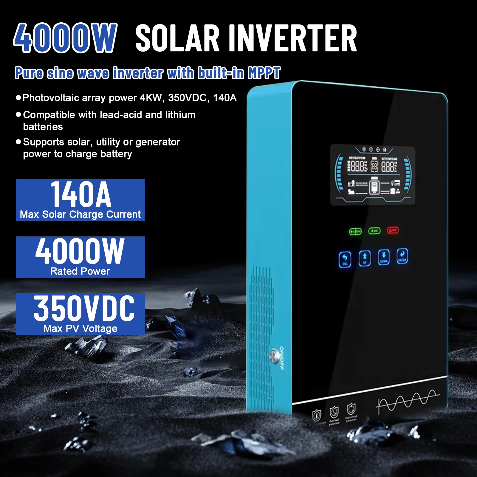 PV input 350Vdc Hybrid Solar Inverter, 4000W DC 24V to AC 120V with 140A MPPT Charge Controller support Lithium Battery