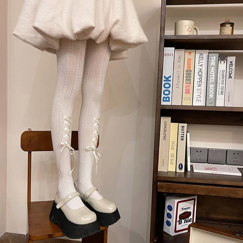 Women's Ballet Ribbon Bow Bandage Tights Pantyhose Stockings Lolitas High Waist Pantyhose Stockings Hosiery
