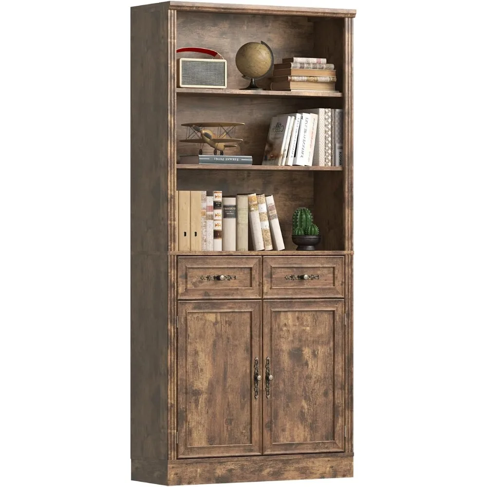 

Bookcase with Doors and Drawers, Adjustable Shelves, P2 MDF Construction, Freestanding Cabinet with Metal Handles, Hidden Storag