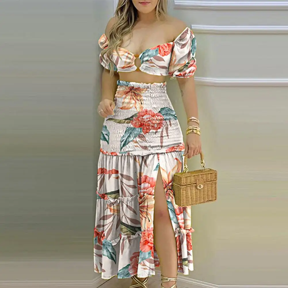 2 Pcs/Set Tops Skirt Set Short Sleeves Off Shoulder Sweet Floral Pattern Hollow Out High Waist Shirring Lady Blouse Skirt Suit