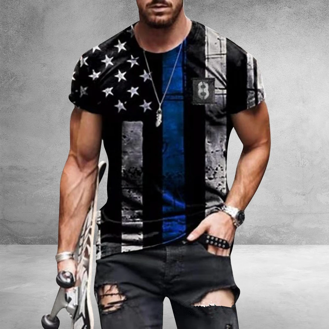 T-shirt imprimé American Feel pour hommes, col rond, Cool, surdimensionné, Streetwear musculaire, vêtements d\'été, 2023