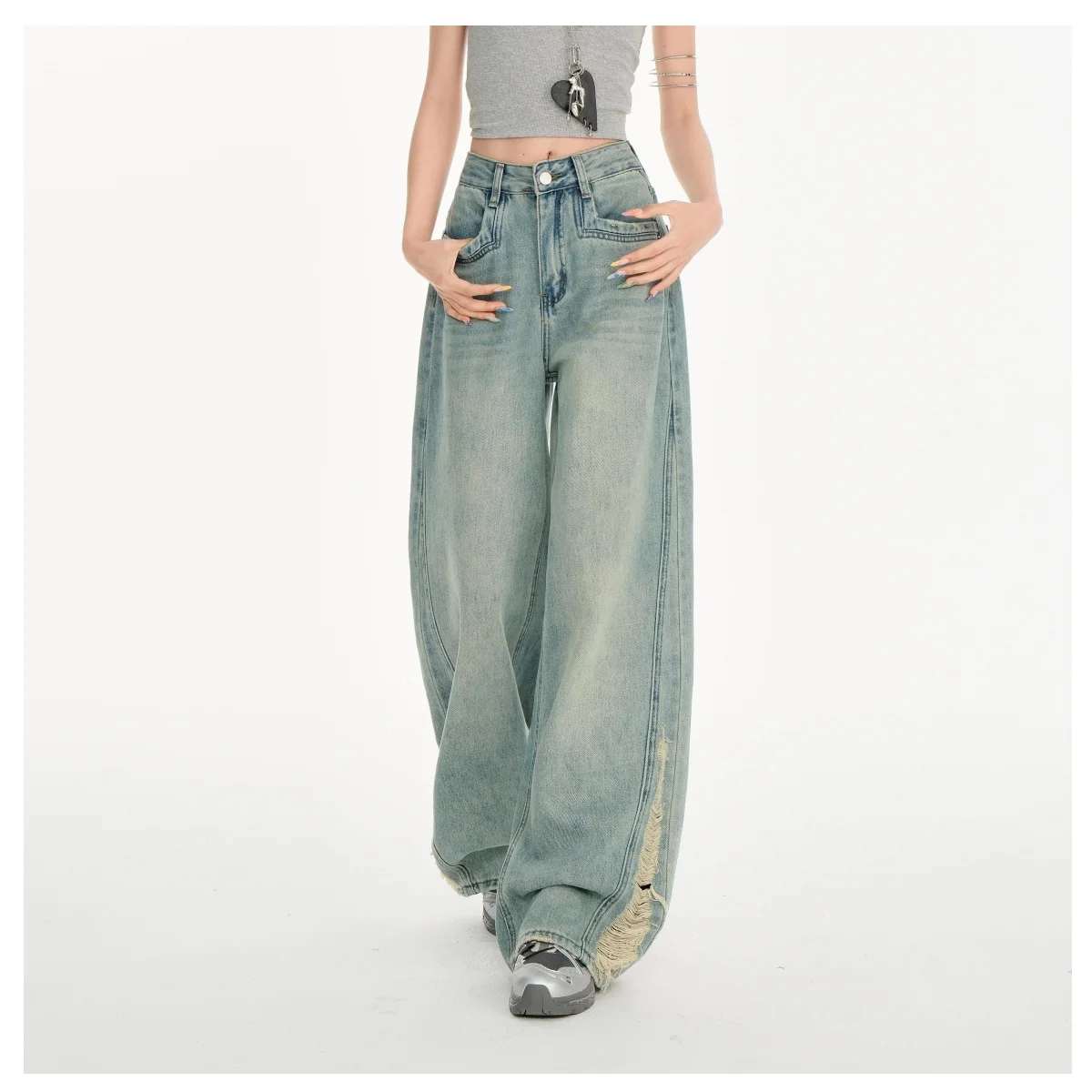 

Women's Retro Ripped Wide-Leg Jeans Loose Slimming Nostalgic Straight Pants Street Unisex Style Women's Trousers