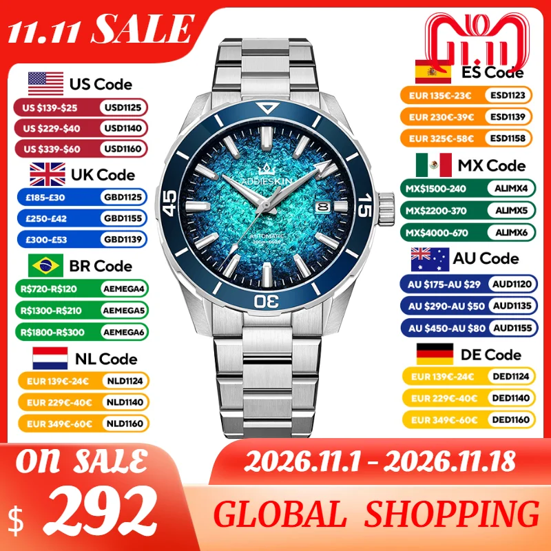 AddiesKin K005 Men's Automatic Dive Watch Ceramic Bezel 200M Waterproof Miyota 9015 Sapphire Crystal Gradient 3D Textured Dial
