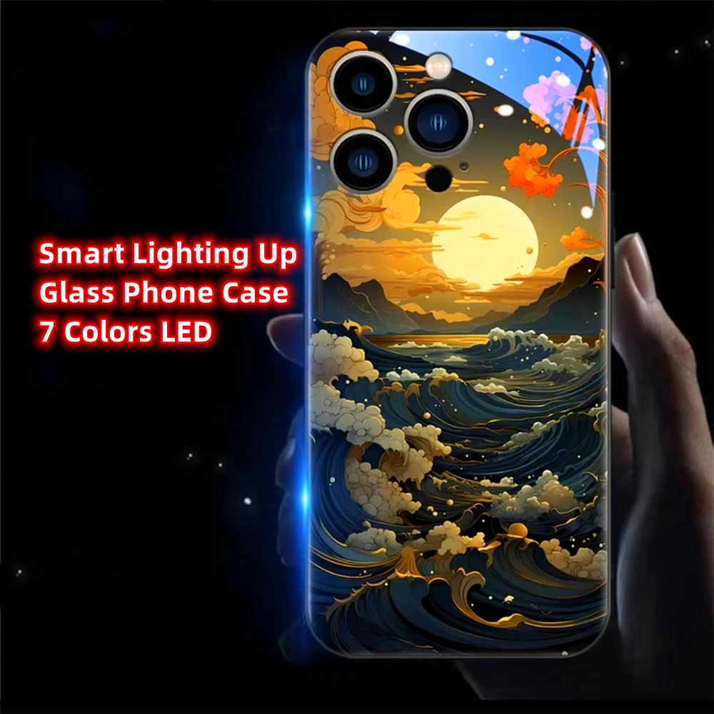 Pretty Sunset Sea Design Smart LED Light Glow Tempered Glass Phone Case For iPhone Air 17 16 15 14 13 12 11 Pro Max Plus