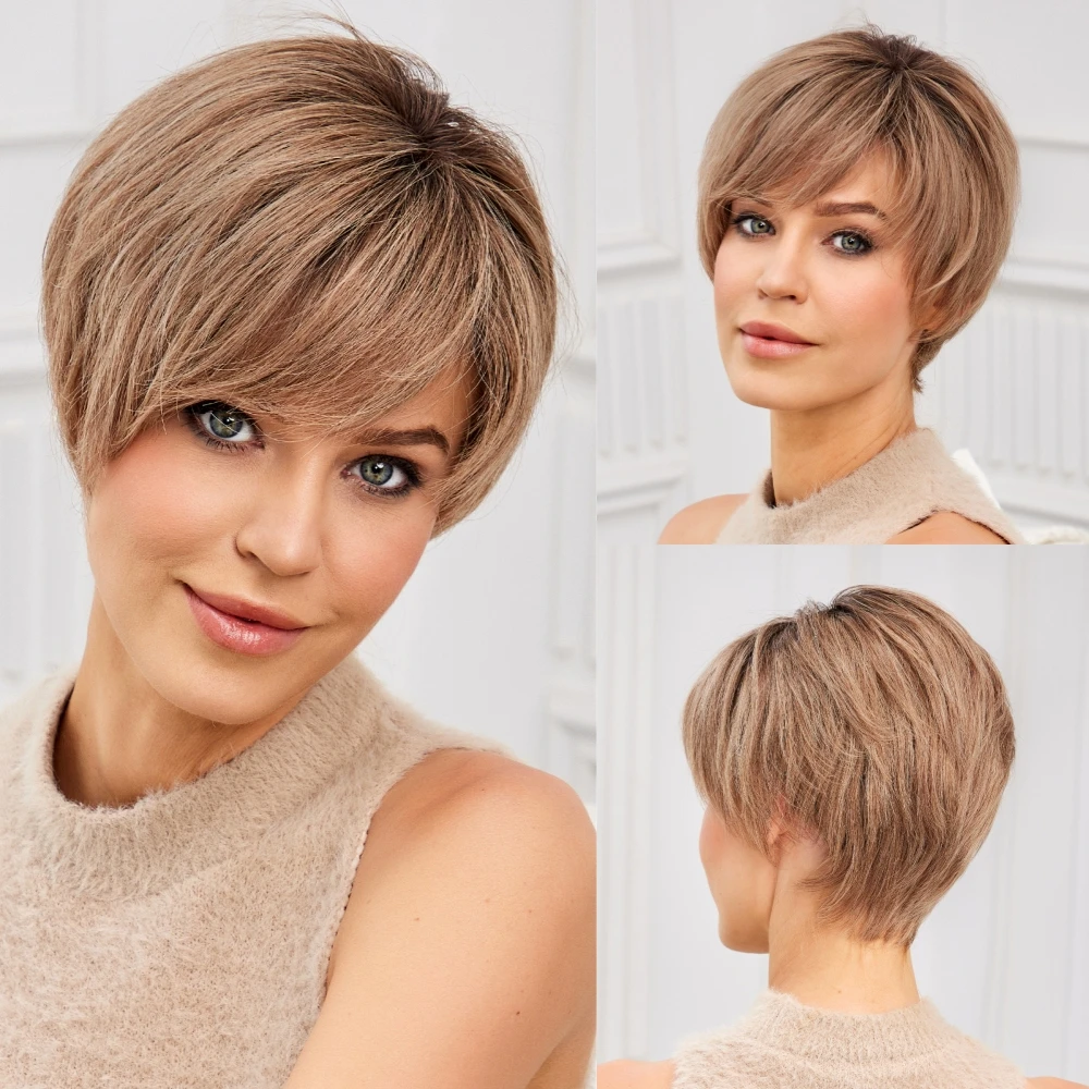 Light Brown Pixie Cut Wigs with Bangs 100% Remy Human Hair 6Inches Straight Lace Frontal Wig for Women Human Hair Wig Daily Use