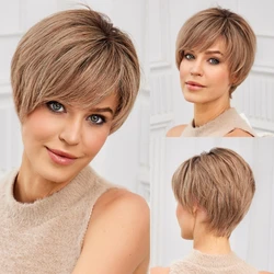 Light Brown Pixie Cut Wigs with Bangs 100% Remy Human Hair 6Inches Straight Lace Frontal Wig for Women Human Hair Wig Daily Use