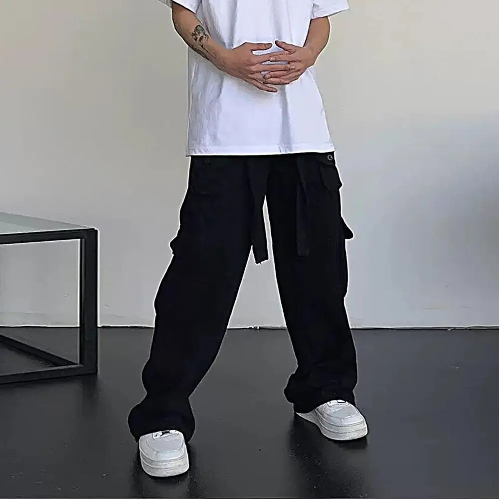 Multiple Pockets Zipper Button Placket Belt Men Pants Straight Wide Leg Solid Color Cargo Pants Streetwear