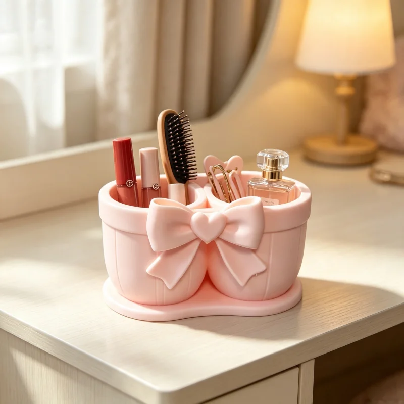 Kawaii Heart-Shaped Bow Double-Layer Vanity Organizer Box, Light Pink Double-Cup Partitioned Cosmetic Storage Basket, Large Capacity with Non-Slip Base, Sturdy and Durable, Easy to Clean, Double-Compartment Organizer for Makeup Brushes, Lipsticks, Cotton Swabs, Hair Clips, Pens, and Small Items. Suitable for Makeup Tables, Bathrooms, Bedrooms, Office Desks, and Countertops. Sweet and Cool Girly Style Desktop Decoration. Ideal Holiday Gift for Girls. Popular Beauty Corner Room Decor and Countertop Storage Item